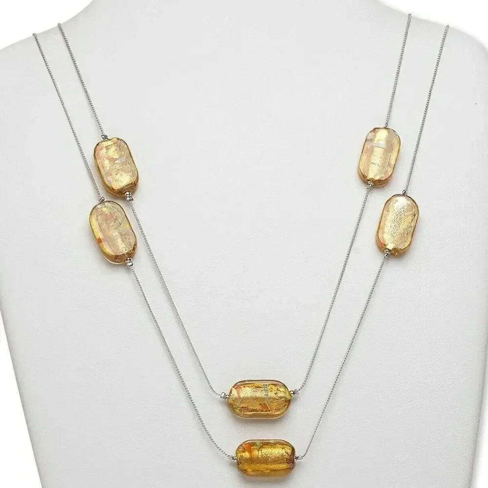 Amber Yellow Confetti Murano Lampwork Glass 55" Long Single Strand Necklace